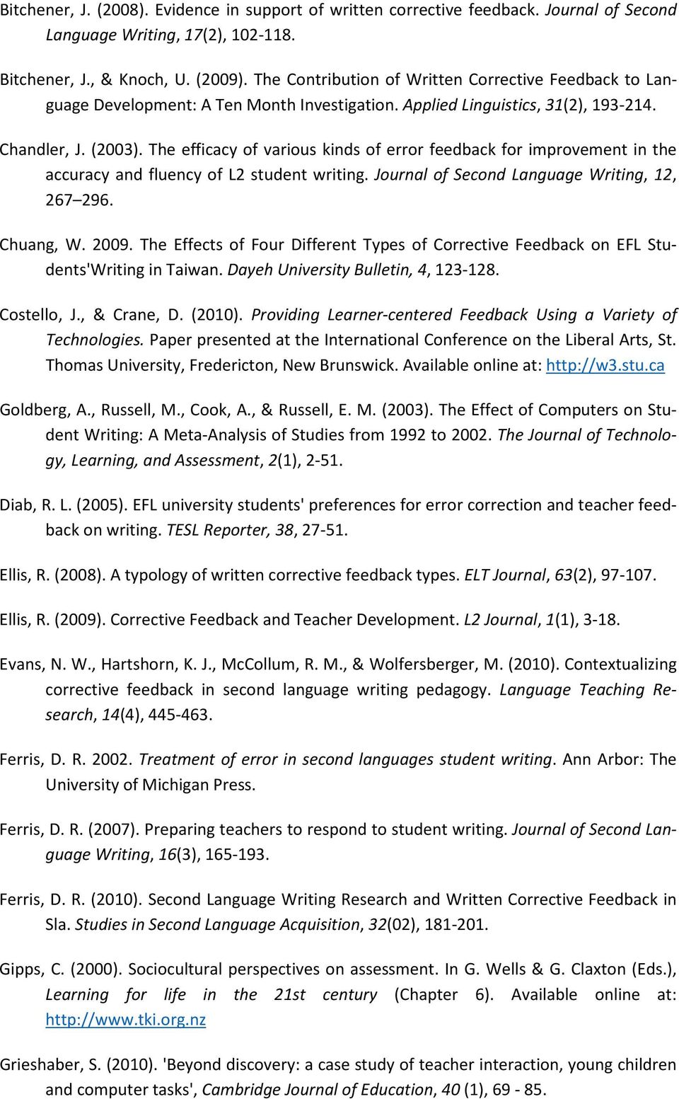 The efficacy of various kinds of error feedback for improvement in the accuracy and fluency of L2 student writing. Journal of Second Language Writing, 12, 267 296. Chuang, W. 2009.