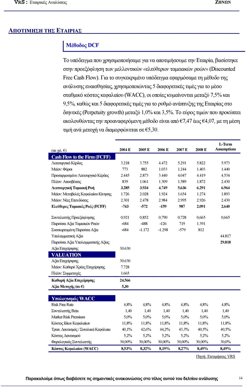 9,5%, καθώς και 5 διαφορετικές τιμές για το ρυθμό ανάπτυξης της Εταιρίας στο διηνεκές (Perpetuity growth) μεταξύ 1,0% και 3,5%.