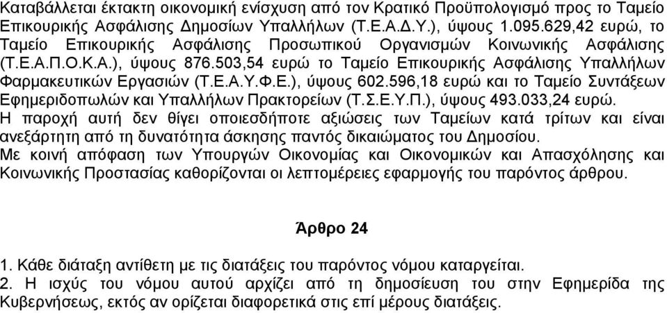 596,18 ευρώ και το Ταµείο Συντάξεων Εφηµεριδοπωλών και Υπαλλήλων Πρακτορείων (Τ.Σ.Ε.Υ.Π.), ύψους 493.033,24 ευρώ.