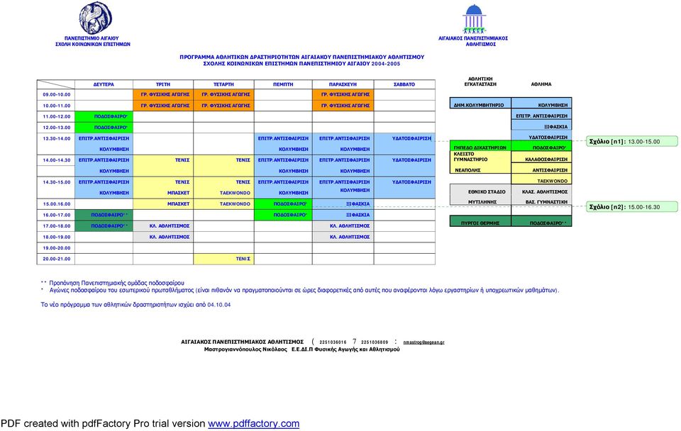 ΚΟΛΥΜΒΗΤΗΡΙΟ ΚΟΛΥΜΒΗΣΗ 11.00-12.00 ΠΟΔΟΣΦΑΙΡΟ* ΕΠΙΤΡ. ΑΝΤΙΣΦΑΙΡΙΣΗ 12.00-13.00 ΠΟΔΟΣΦΑΙΡΟ* ΞΙΦΑΣΚΙΑ 13.30-14.00 ΕΠΙΤΡ.ΑΝΤΙΣΦΑΙΡΙΣΗ ΕΠΙΤΡ.ΑΝΤΙΣΦΑΙΡΙΣΗ ΕΠΙΤΡ.ΑΝΤΙΣΦΑΙΡΙΣΗ ΥΔΑΤΟΣΦΑΙΡΙΣΗ ΚΟΛΥΜΒΗΣΗ ΚΟΛΥΜΒΗΣΗ ΚΟΛΥΜΒΗΣΗ 14.