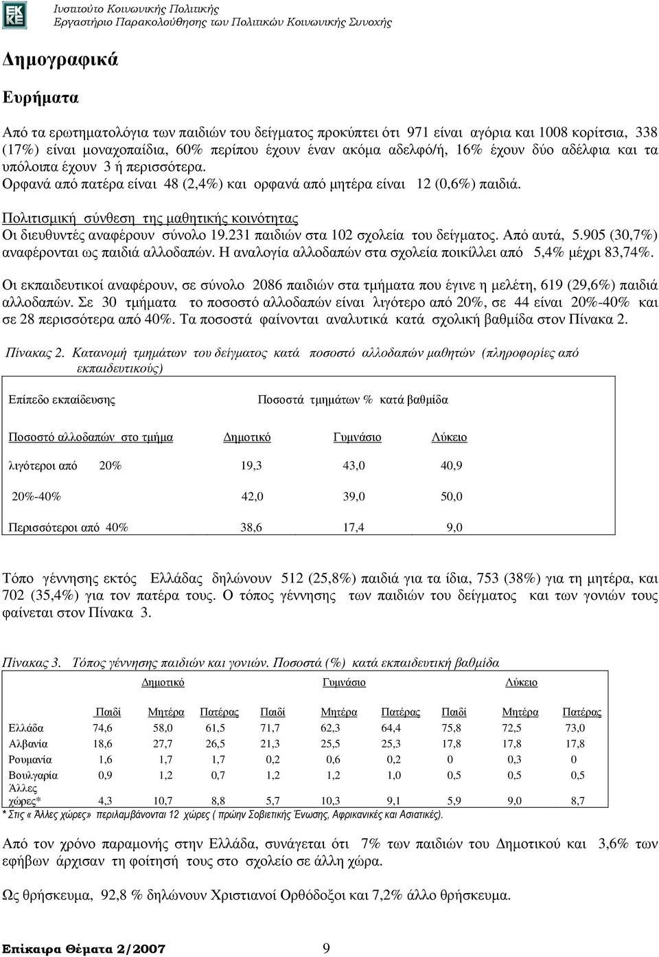 Πολιτισµική σύνθεση της µαθητικής κοινότητας Οι διευθυντές αναφέρουν σύνολο 19.231 παιδιών στα 102 σχολεία του δείγµατος. Από αυτά, 5.905 (30,7%) αναφέρονται ως παιδιά αλλοδαπών.