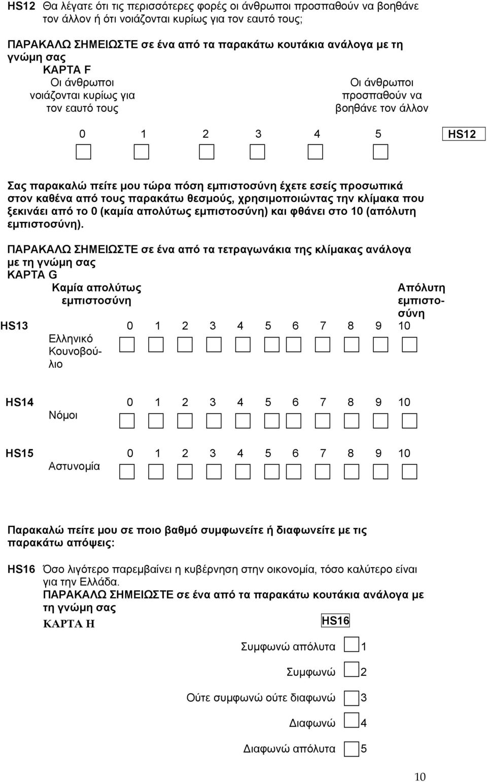 καθένα από τους παρακάτω θεσµούς, χρησιµοποιώντας την κλίµακα που ξεκινάει από το 0 (καµία απολύτως εµπιστοσύνη) και φθάνει στο 10 (απόλυτη εµπιστοσύνη).