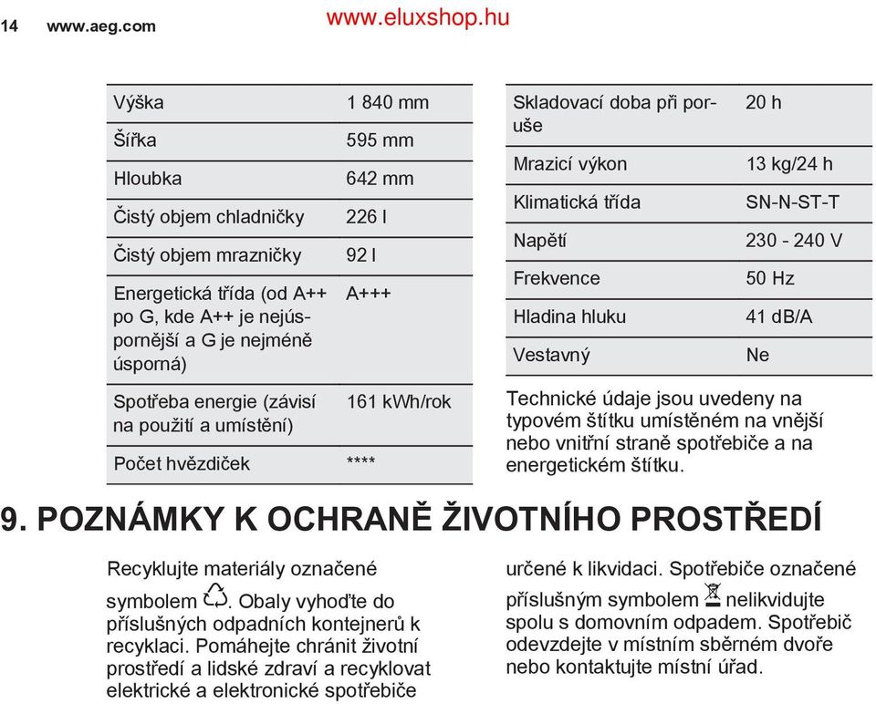 840 mm 595 mm 642 mm 226 l 92 l A+++ Počet hvězdiček **** 161 kwh/rok Skladovací doba při poruše Mrazicí výkon Klimatická třída Napětí Frekvence Hladina hluku Vestavný 20 h 13 kg/24 h SN-N-ST-T