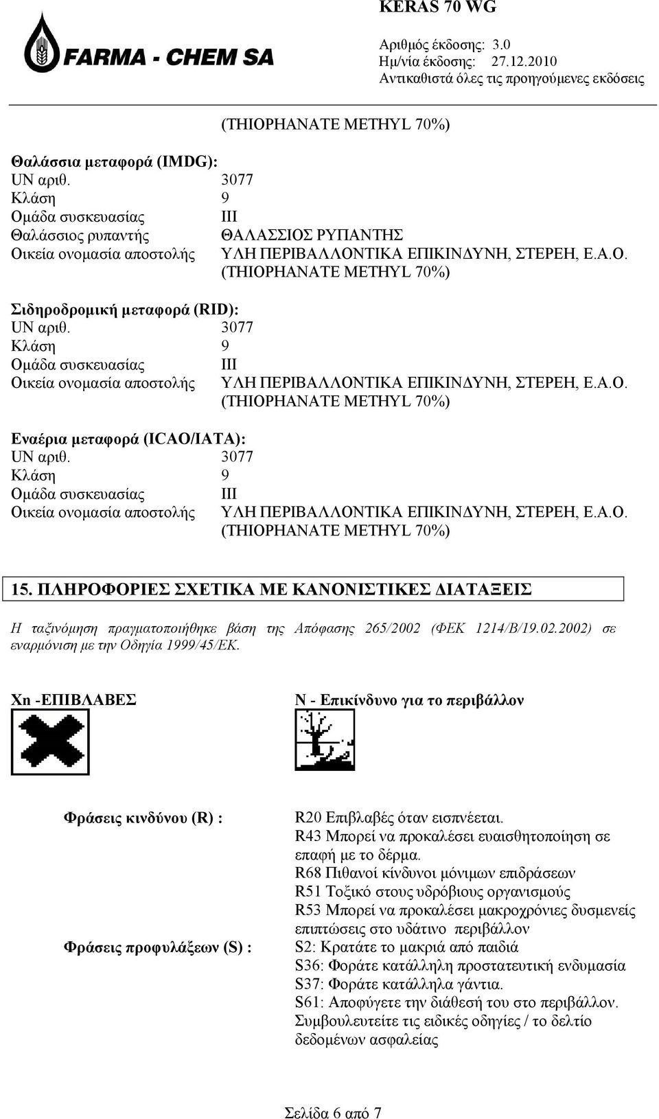 ΠΛΗΡΟΦΟΡΙΕΣ ΣΧΕΤΙΚΑ ΜΕ ΚΑΝΟΝΙΣΤΙΚΕΣ ΔΙΑΤΑΞΕΙΣ Η ταξινόμηση πραγματοποιήθηκε βάση της Απόφασης 265/2002 (ΦΕΚ 1214/Β/19.02.2002) σε εναρμόνιση με την Οδηγία 1999/45/ΕΚ.