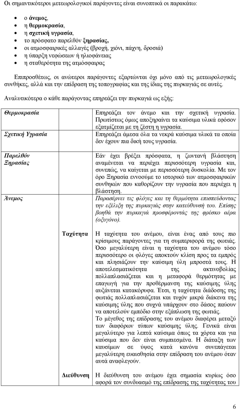 και της ίδιας της πυρκαγιάς σε αυτές. Αναλυτικότερα ο κάθε παράγοντας επηρεάζει την πυρκαγιά ως εξής: Θερμοκρασία Σχετική Υγρασία Παρελθόν Ξηρασίας Άνεμος Επηρεάζει τον άνεμο και την σχετική υγρασία.