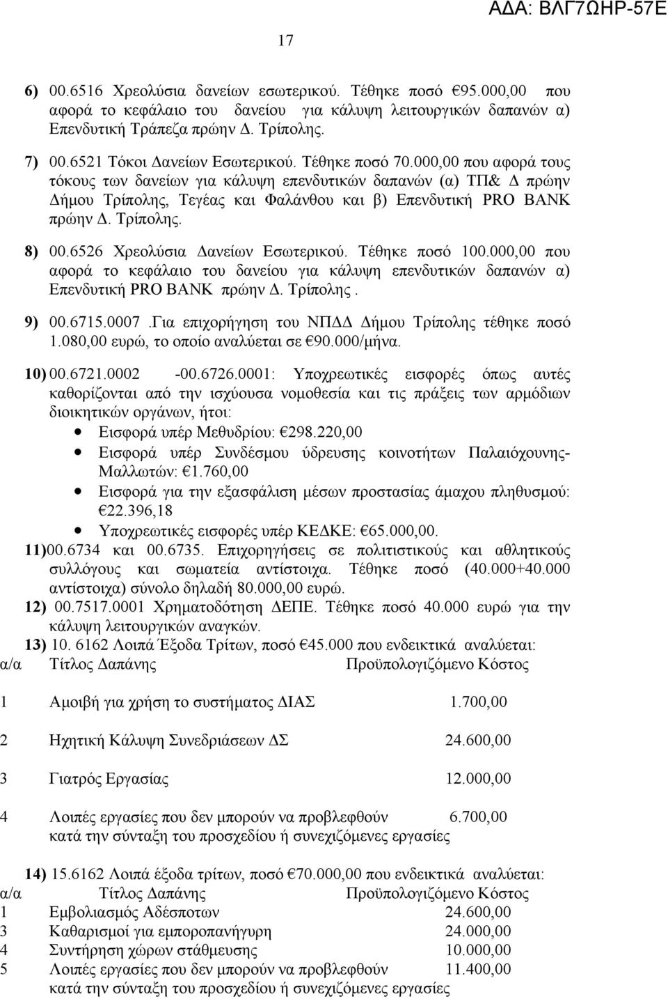 000,00 που αφορά τους τόκους των δανείων για κάλυψη επενδυτικών δαπανών (α) ΤΠ& Δ πρώην Δήμου Τρίπολης, Τεγέας και Φαλάνθου και β) Επενδυτική PRO BANK πρώην Δ. Τρίπολης. 8) 00.