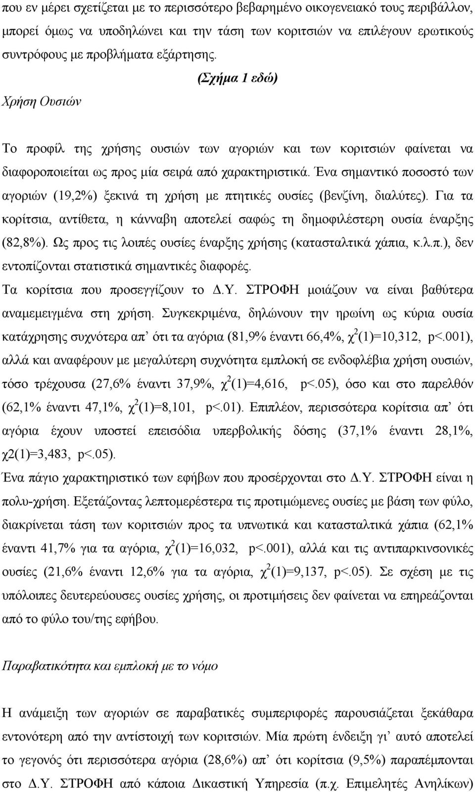 Ένα σημαντικό ποσοστό των αγοριών (19,2%) ξεκινά τη χρήση με πτητικές ουσίες (βενζίνη, διαλύτες). Για τα κορίτσια, αντίθετα, η κάνναβη αποτελεί σαφώς τη δημοφιλέστερη ουσία έναρξης (82,8%).