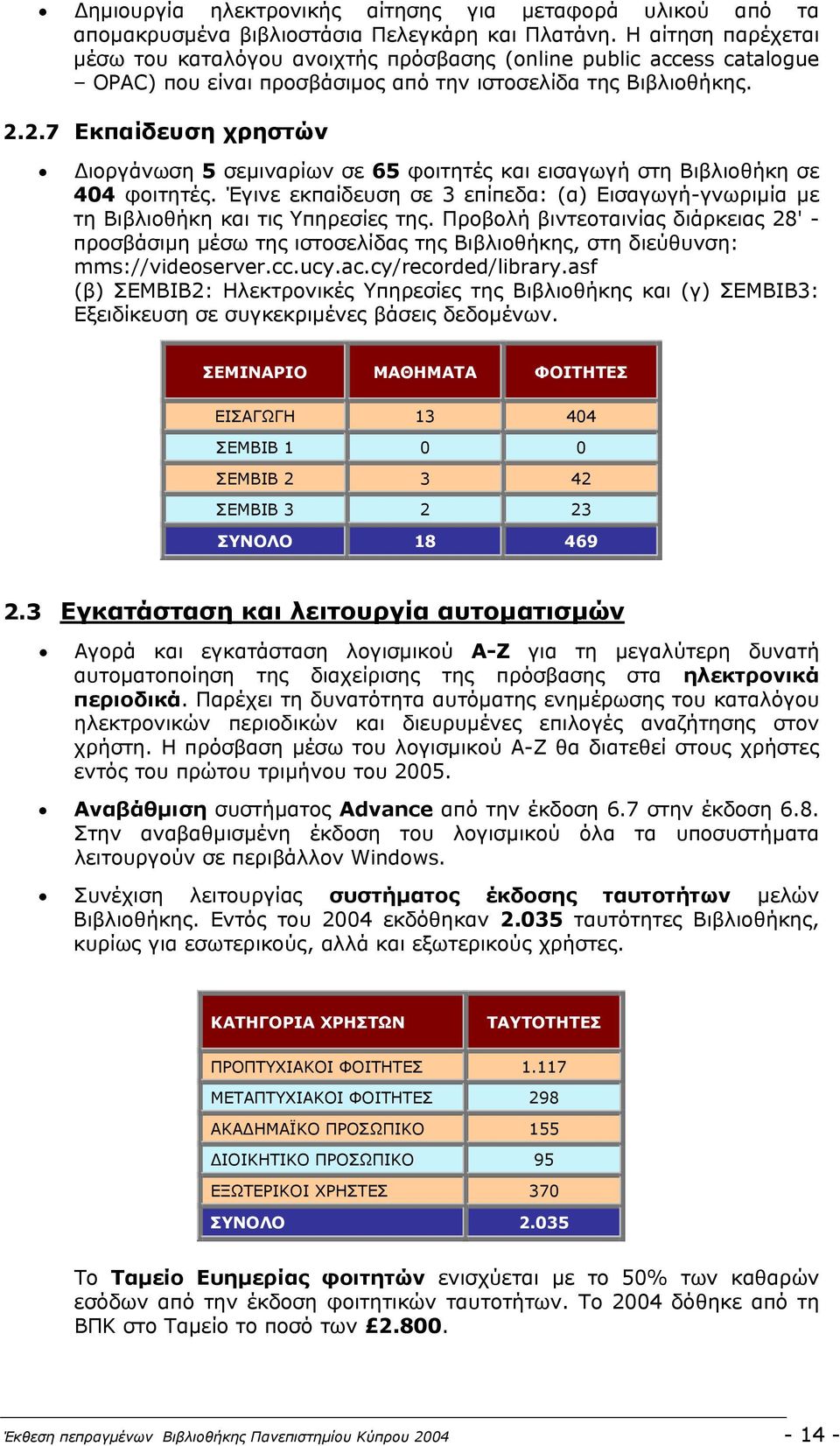 2.7 Εκπαίδευση χρηστών ιοργάνωση 5 σεµιναρίων σε 65 φοιτητές και εισαγωγή στη Βιβλιοθήκη σε 404 φοιτητές. Έγινε εκπαίδευση σε 3 επίπεδα: (α) Εισαγωγή-γνωριµία µε τη Βιβλιοθήκη και τις Υπηρεσίες της.