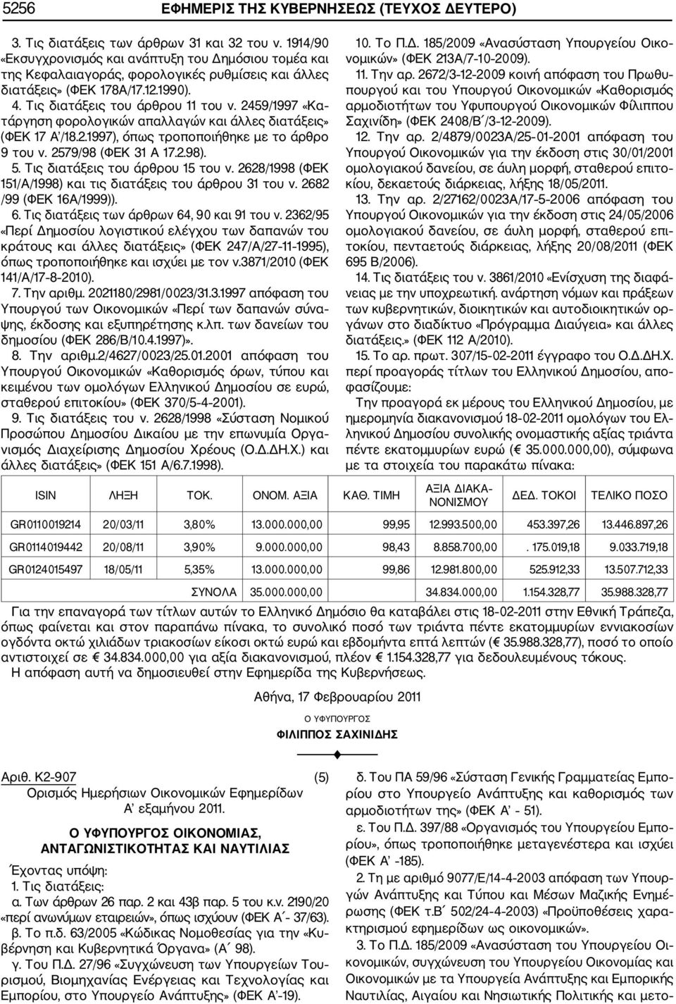 2459/1997 «Κα τάργηση φορολογικών απαλλαγών και άλλες διατάξεις» (ΦΕΚ 17 Α /18.2.1997), όπως τροποποιήθηκε με το άρθρο 9 του ν. 2579/98 (ΦΕΚ 31 Α 17.2.98). 5. Τις διατάξεις του άρθρου 15 του ν.