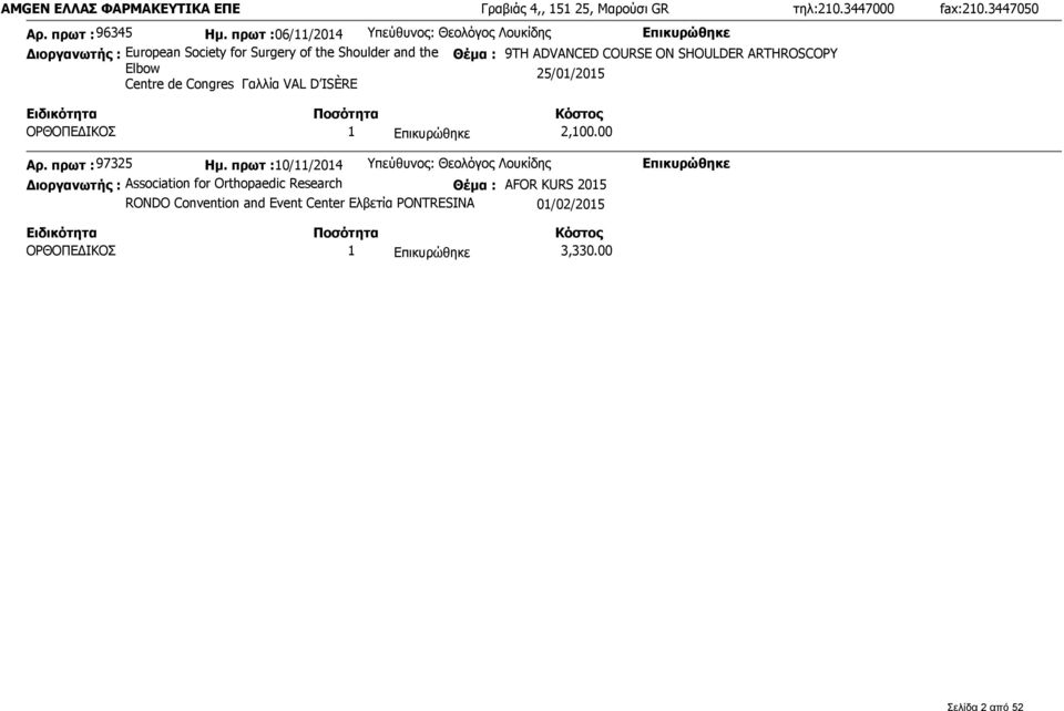 SHOULDER ARTHROSCOPY Elbow Centre de Congres Γαλλία VAL D ISÈRE 25/01/2015 ΟΡΘΟΠΕΔΙΚΟΣ 1 2,100.00 Αρ. πρωτ : 97325 Ημ.