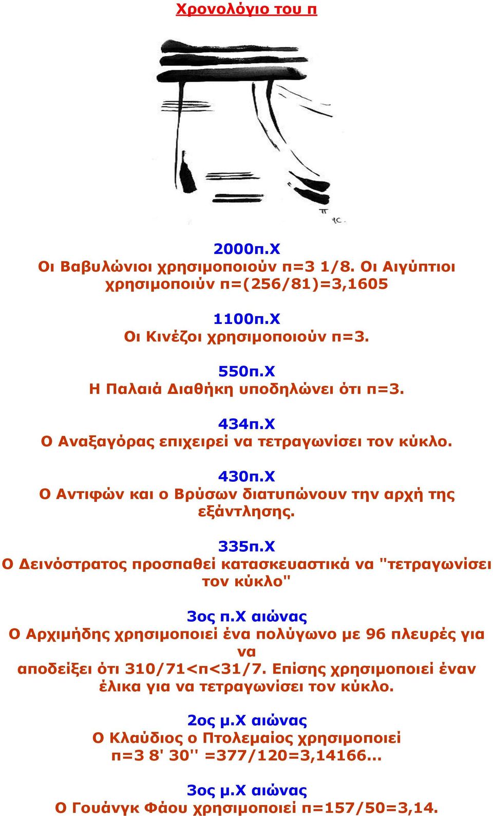 Χ Ο Δεινόστρατος προσπαθεί κατασκευαστικά να "τετραγωνίσει τον κύκλο" 3ος π.χ αιώνας Ο Αρχιµήδης χρησιµοποιεί ένα πολύγωνο µε 96 πλευρές για να αποδείξει ότι 310/71<π<31/7.