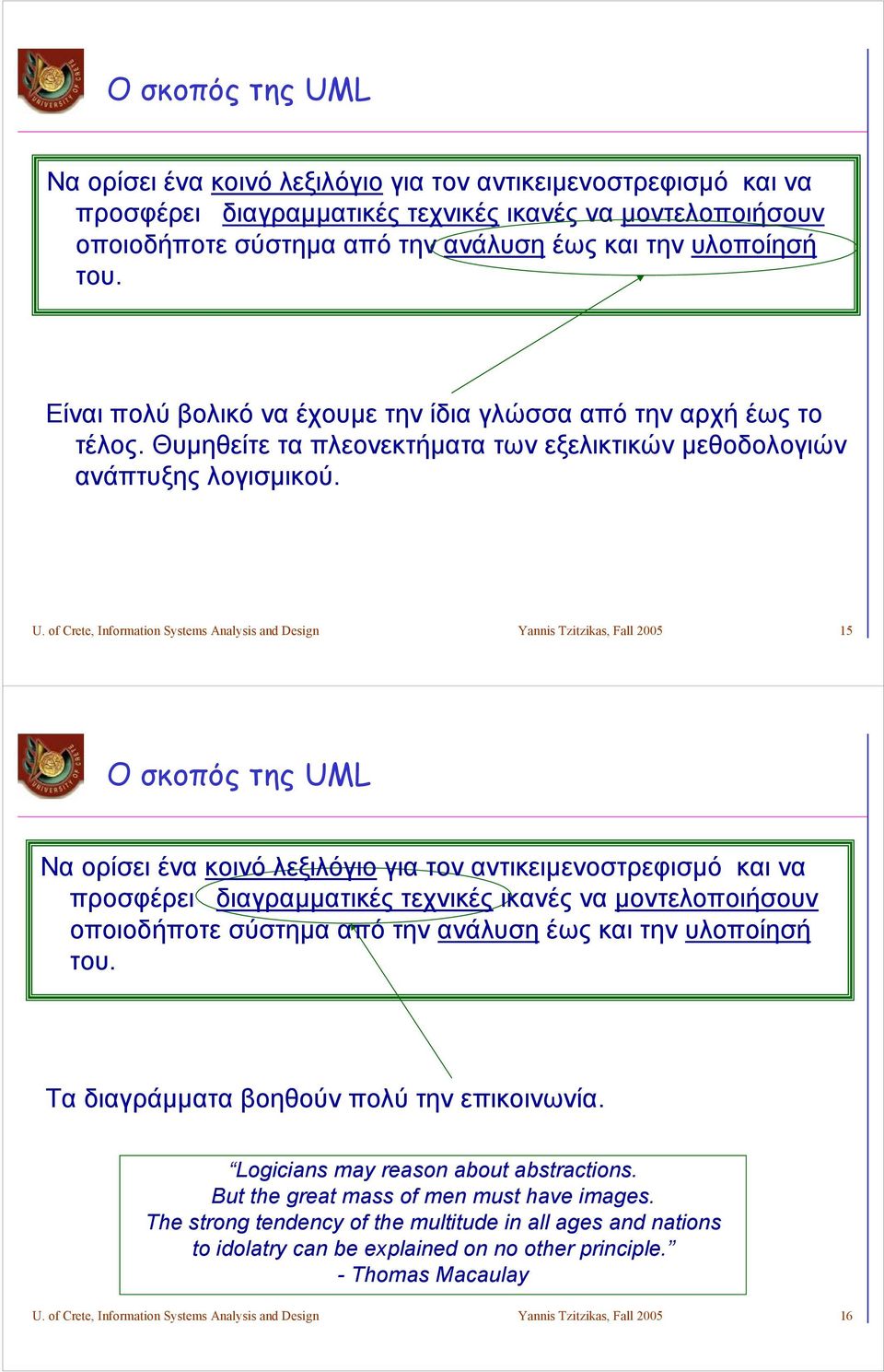 of Crete, Information Systems Analysis and Design Yannis Tzitzikas, Fall 2005 15  του. Τα διαγράμματα βοηθούν πολύ την επικοινωνία. Logicians may reason about abstractions.