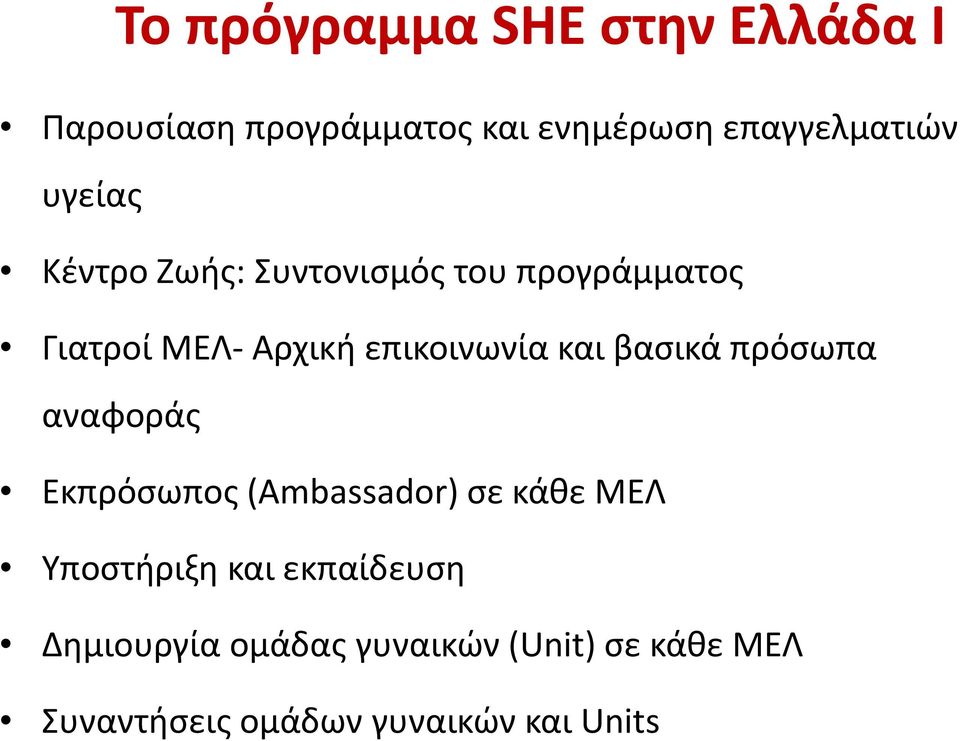 βασικά πρόσωπα αναφοράς Εκπρόσωπος (Ambassador) σε κάθε ΜΕΛ Υποστήριξη και