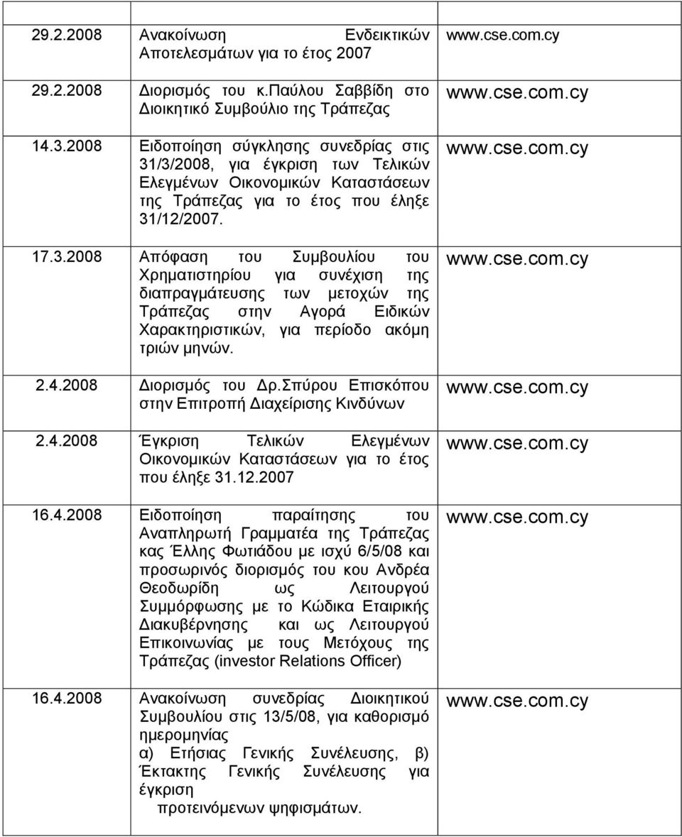 /3/2008, για έγκριση των Τελικών Ελεγμένων Οικονομικών Καταστάσεων της για το έτος που έληξε 31/12/2007. 17.3.2008 Aπόφαση του Συμβουλίου του Χρηματιστηρίου για συνέχιση της διαπραγμάτευσης των μετοχών της στην Αγορά Ειδικών Χαρακτηριστικών, για περίοδο ακόμη τριών μηνών.
