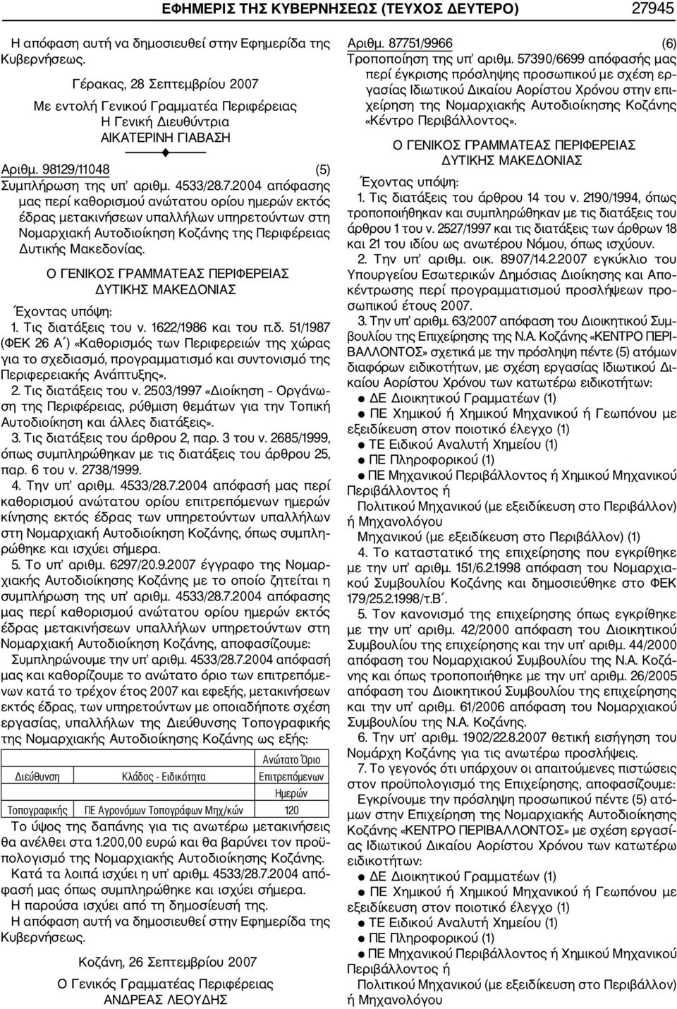 2004 απόφασης μας περί καθορισμού ανώτατου ορίου ημερών εκτός έδρας μετακινήσεων υπαλλήλων υπηρετούντων στη Νομαρχιακή Αυτοδιοίκηση Κοζάνης της Περιφέρειας Δυτικής Μακεδονίας.