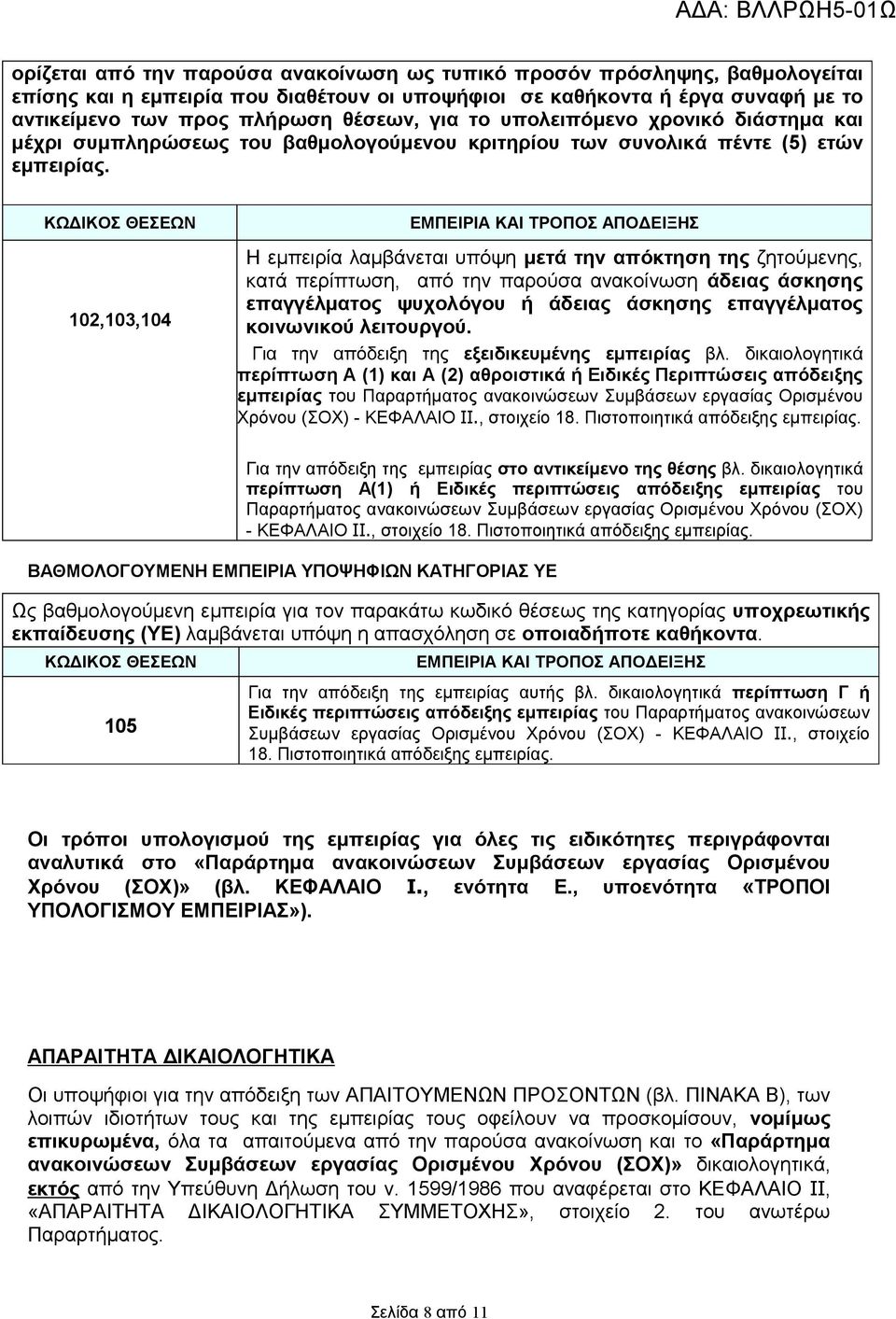 ΚΩ ΙΚΟΣ ΘΕΣΕΩΝ 102,103,104 ΕΜΠΕΙΡΙΑ ΚΑΙ ΤΡΟΠΟΣ ΑΠΟ ΕΙΞΗΣ Η εµπειρία λαµβάνεται υπόψη µετά την απόκτηση της ζητούµενης, κατά περίπτωση, από την παρούσα ανακοίνωση άδειας άσκησης επαγγέλµατος ψυχολόγου