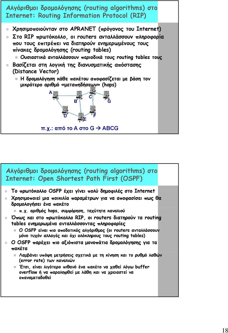 απόστασης (Distance Vector) Η δρομολόγηση κάθε πακέτου αποφασίζεται με βάση τον μικρότερο αριθμό «μεταπηδήσεων» (hops) A B C G D F E π.χ.