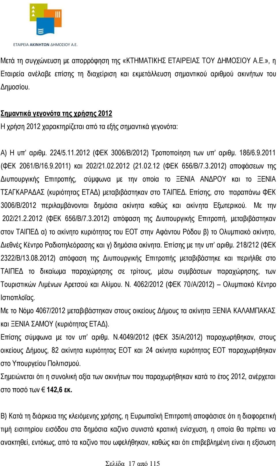 02.2012 (21.02.12 (ΦΕΚ 656/Β/7.3.2012) αποφάσεων της Διυπουργικής Επιτροπής, σύμφωνα με την οποία το ΞΕΝΙΑ ΑΝΔΡΟΥ και το ΞΕΝΙΑ ΤΣΑΓΚΑΡΑΔΑΣ (κυριότητας ΕΤΑΔ) μεταβιβάστηκαν στο ΤΑΙΠΕΔ.