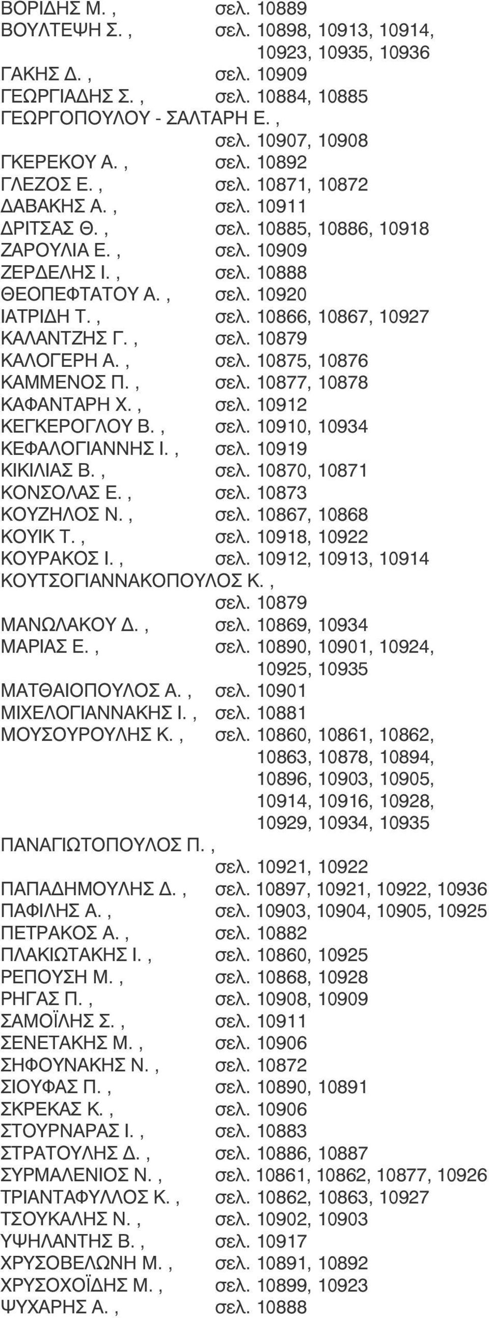 , σελ. 10879 ΚΑΛΟΓΕΡΗ Α., σελ. 10875, 10876 ΚΑΜΜΕΝΟΣ Π., σελ. 10877, 10878 ΚΑΦΑΝΤΑΡΗ Χ., σελ. 10912 ΚΕΓΚΕΡΟΓΛΟΥ Β., σελ. 10910, 10934 ΚΕΦΑΛΟΓΙΑΝΝΗΣ Ι., σελ. 10919 ΚΙΚΙΛΙΑΣ Β., σελ. 10870, 10871 ΚΟΝΣΟΛΑΣ Ε.