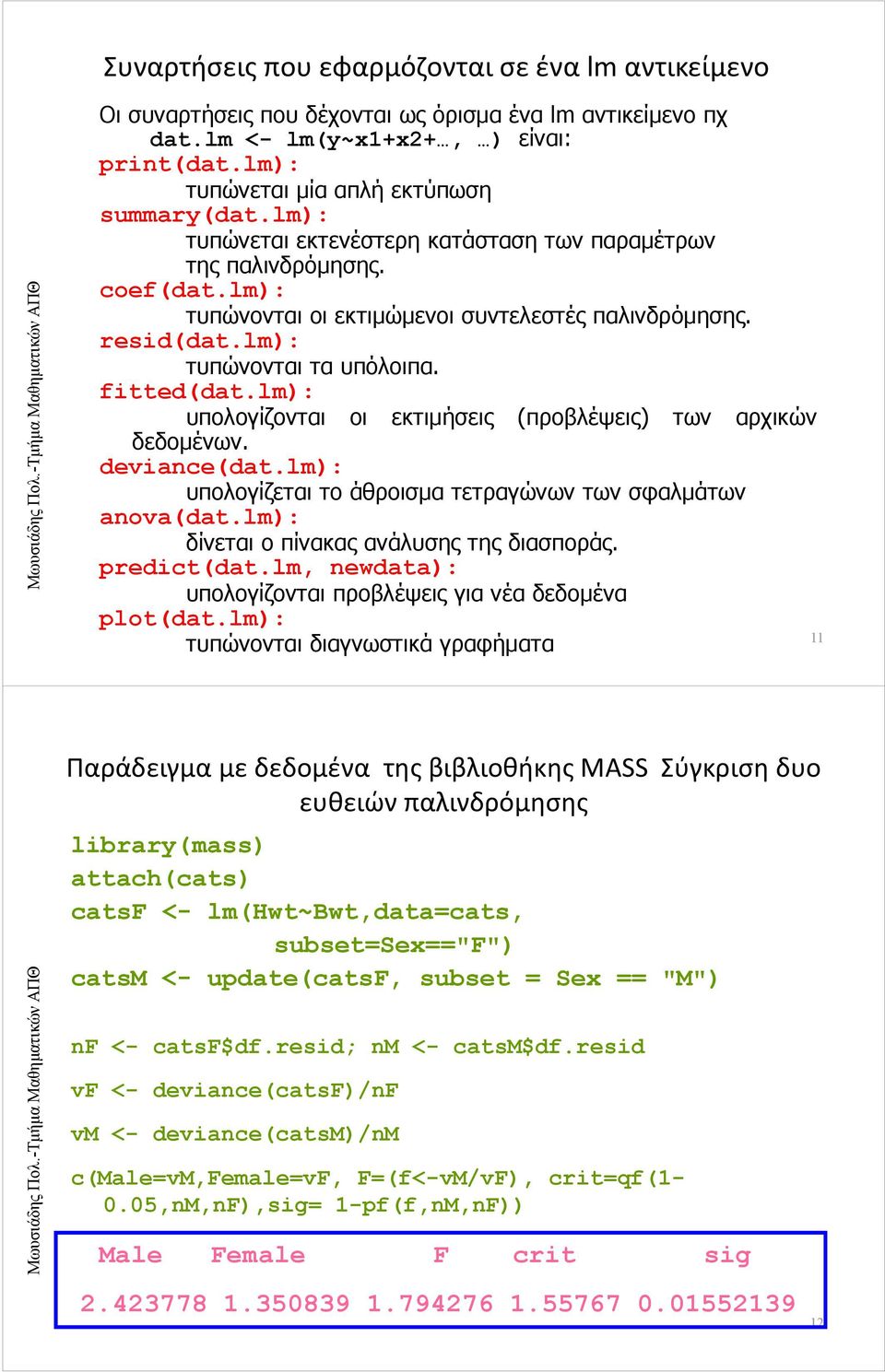 lm): υπολογίζονται οι εκτιμήσεις (προβλέψεις) των αρχικών δεδομένων. deviance(dat.lm): υπολογίζεται το άθροισμα τετραγώνων των σφαλμάτων anova(dat.lm): δίνεται ο πίνακας ανάλυσης της διασποράς.