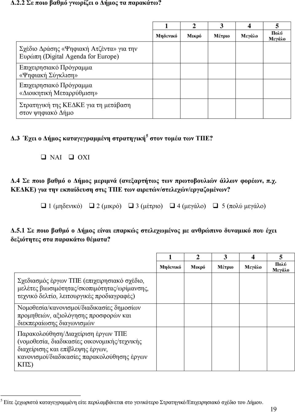 κεηάβαζε ζηνλ ςεθηαθφ Γήκν Γ.3 Έρεη ν Γήκνο θαηαγεγξακκέλε ζηξαηεγηθή 5 ζηνλ ηνκέα ησλ ΣΠΔ? ΝΑΙ ΟΥΙ Γ.4 ε πνην βαζκό ν Γήκνο κεξηκλά (αλεμαξηήησο ησλ πξσηνβνπιηώλ άιισλ θνξέσλ, π.ρ. ΚΔΓΚΔ) γηα ηελ εθπαίδεπζε ζηηο ΣΠΔ ησλ αηξεηώλ/ζηειερώλ/εξγαδνκέλσλ?