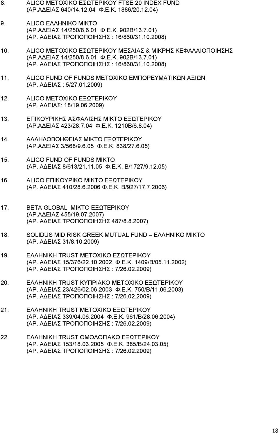 ALICO FUND OF FUNDS ΜΕΤΟΧΙΚΟ ΕΜΠΟΡΕΥΜΑΤΙΚΩΝ ΑΞΙΩΝ (ΑΡ. Α ΕΙΑΣ : 5/27.01.2009) 12. ALICO ΜΕΤΟΧΙΚΟ ΕΞΩΤΕΡΙΚΟΥ (ΑΡ. Α ΕΙΑΣ: 18/19.06.2009) 13. ΕΠΙΚΟΥΡΙΚΗΣ ΑΣΦΑΛΙΣΗΣ ΜΙΚΤΟ ΕΞΩΤΕΡΙΚΟΥ (ΑΡ.Α ΕΙΑΣ 423/28.7.04 Φ.