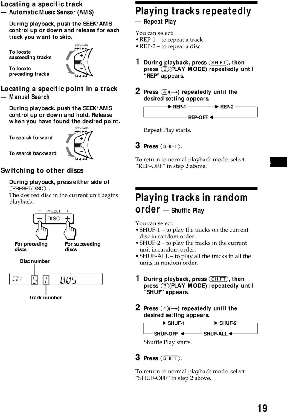 Release when you have found the desired point. To search forward To search backward SEEK / AMS Switching to other discs During playback, press either side of (PRESET/DISC).