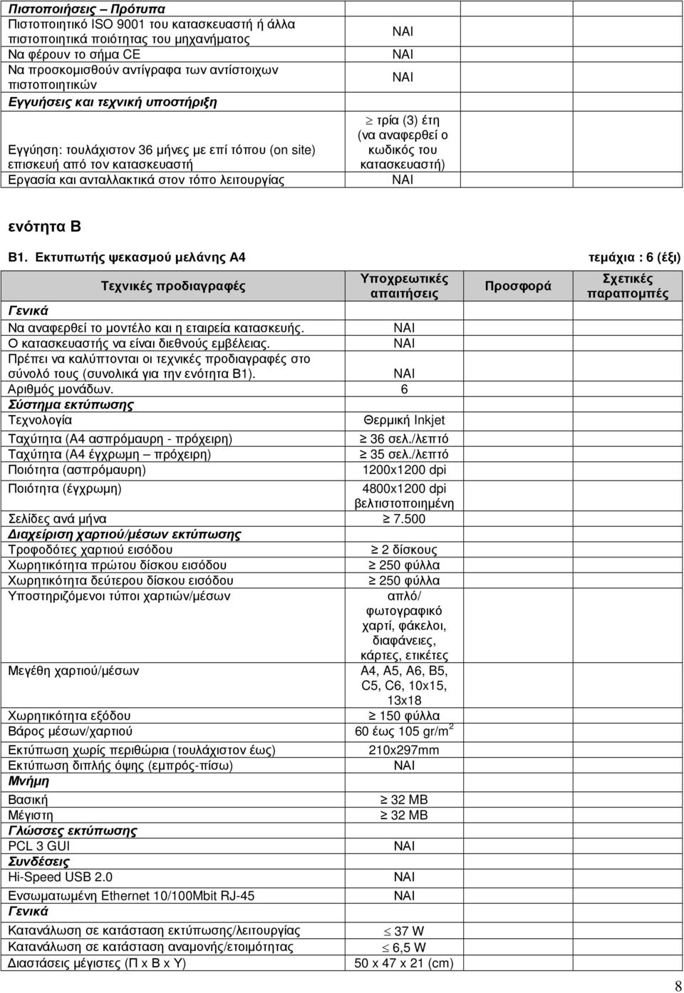 κατασκευαστή) ενότητα Β Β1. Εκτυπωτής ψεκασµού µελάνης Α4 τεµάχια : 6 (έξι) Πρέπει να καλύπτονται οι τεχνικές προδιαγραφές στο σύνολό τους (συνολικά για την ενότητα Β1). Αριθµός µονάδων.