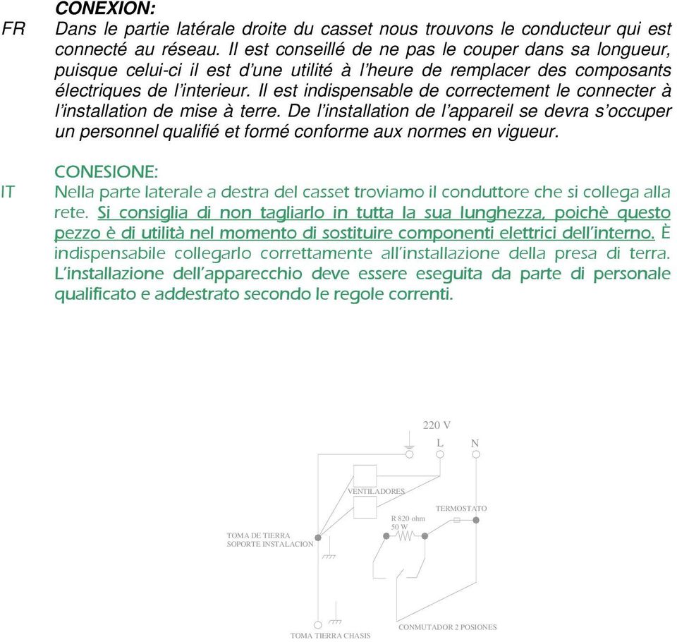 Il est indispensable de correctement le connecter à l installation de mise à terre. De l installation de l appareil se devra s occuper un personnel qualifié et formé conforme aux normes en vigueur.