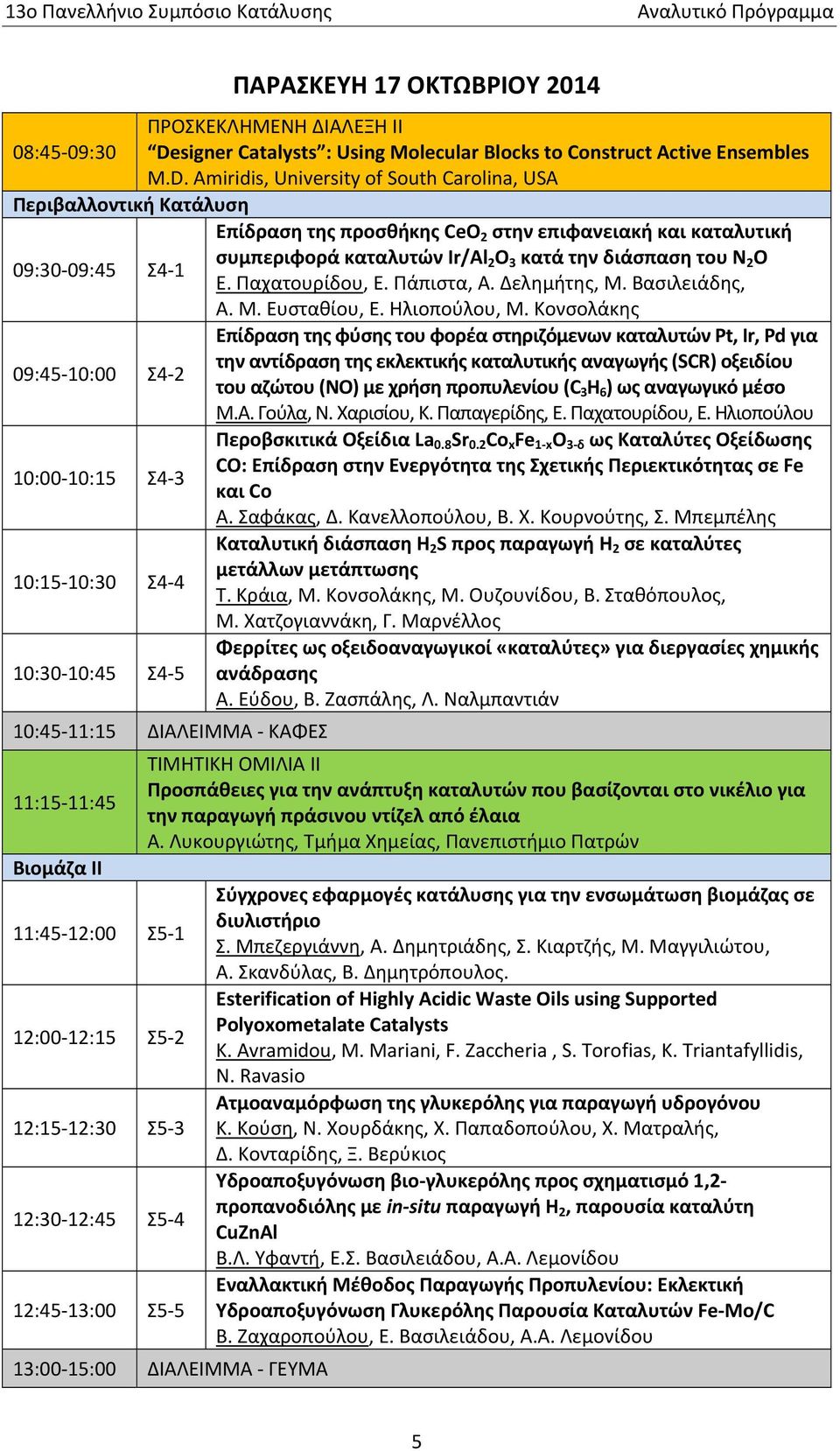 Amiridis, University of South Carolina, USA Περιβαλλοντική Κατάλυση Επίδραση της προσθήκης CeO 2 στην επιφανειακή και καταλυτική 09:30 09:45 Σ4 1 συμπεριφορά καταλυτών Ir/Al 2 O 3 κατά την διάσπαση