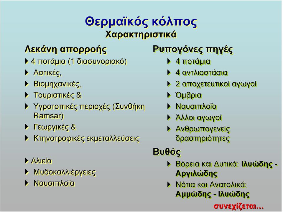 Αλιεία Μυδοκαλλιέργειες Ναυσιπλοΐα 4 ποτάμια 4 αντλιοστάσια αποχετευτικοί αγωγοί Όμβρια Ναυσιπλοΐα Άλλοι