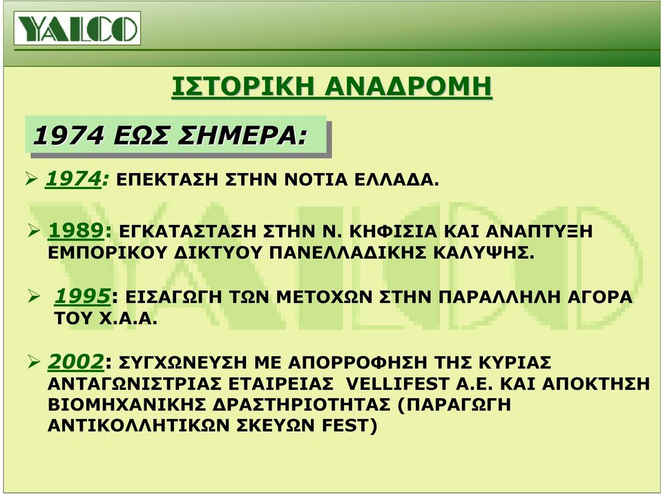 1995: ΕΙΣΑΓΩΓΗ ΤΩΝ ΜΕΤΟΧΩΝ ΣΤΗΝ ΠΑΡΑΛΛΗΛΗ ΑΓΟΡΑ ΤΟΥ Χ.Α.Α. 2002: ΣΥΓΧΩΝΕΥΣΗ ΜΕ ΑΠΟΡΡΟΦΗΣΗ ΤΗΣ ΚΥΡΙΑΣ ΑΝΤΑΓΩΝΙΣΤΡΙΑΣ ΕΤΑΙΡΕΙΑΣ VELLIFEST A.