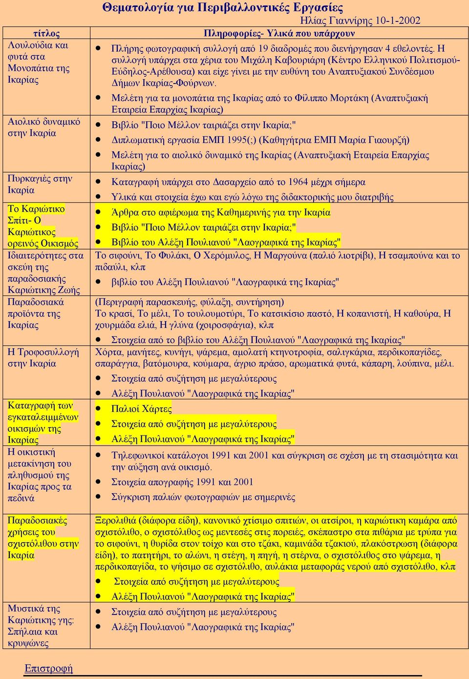 Παραδοσιακές χρήσεις του σχιστόλιθου στην Ικαρία Μυστικά της Καριώτικης γης: Σπήλαια και κρυψώνες Θεµατολογία για Περιβαλλοντικές Εργασίες Ηλίας Γιαννίρης 10-1-2002 Πληροφορίες- Υλικά που υπάρχουν