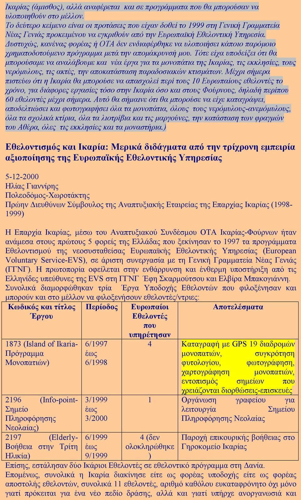 υστυχώς, κανένας φορέας ή ΟΤΑ δεν ενδιαφέρθηκε να υλοποιήσει κάποιο παρόµοιο χρηµατοδοτούµενο πρόγραµµα µετά την αποµάκρυνσή µου.