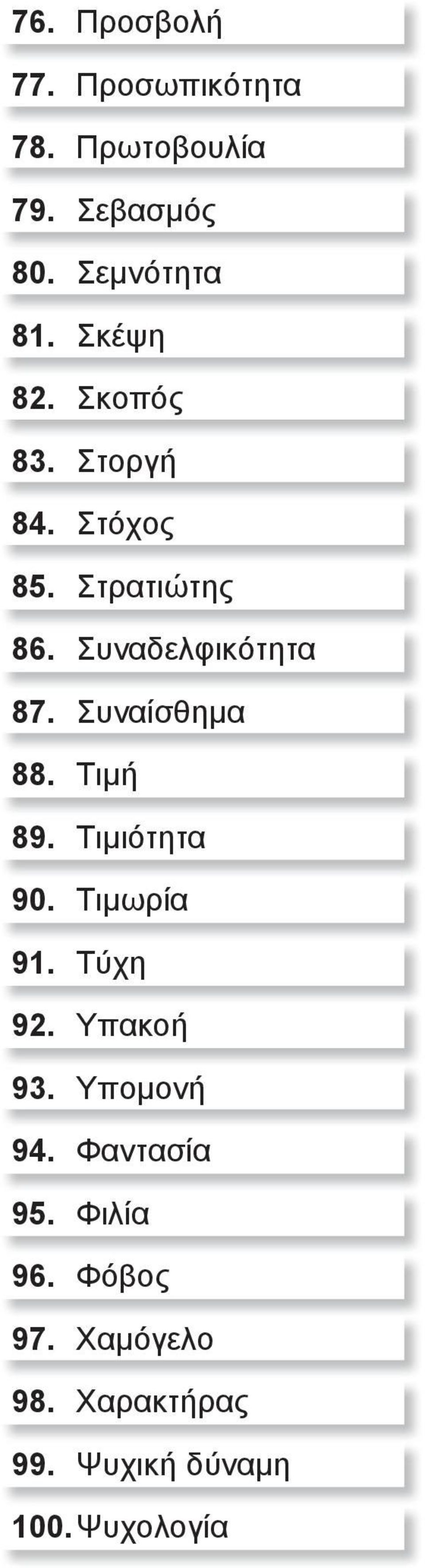 Συναίσθημα 88. Τιμή 89. Τιμιότητα 90. Τιμωρία 91. Τύχη 92. Υπακοή 93. Υπομονή 94.