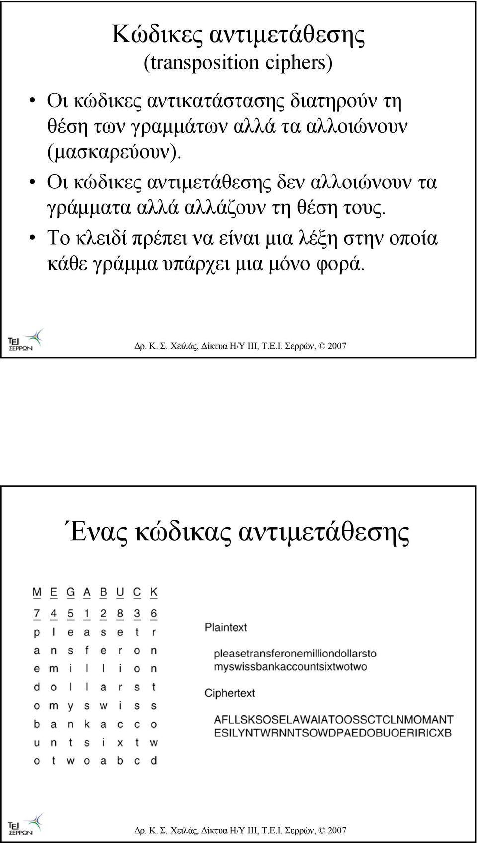 Οι κώδικες αντιµετάθεσης δεν αλλοιώνουν τα γράµµατα αλλά αλλάζουν τη θέση τους.