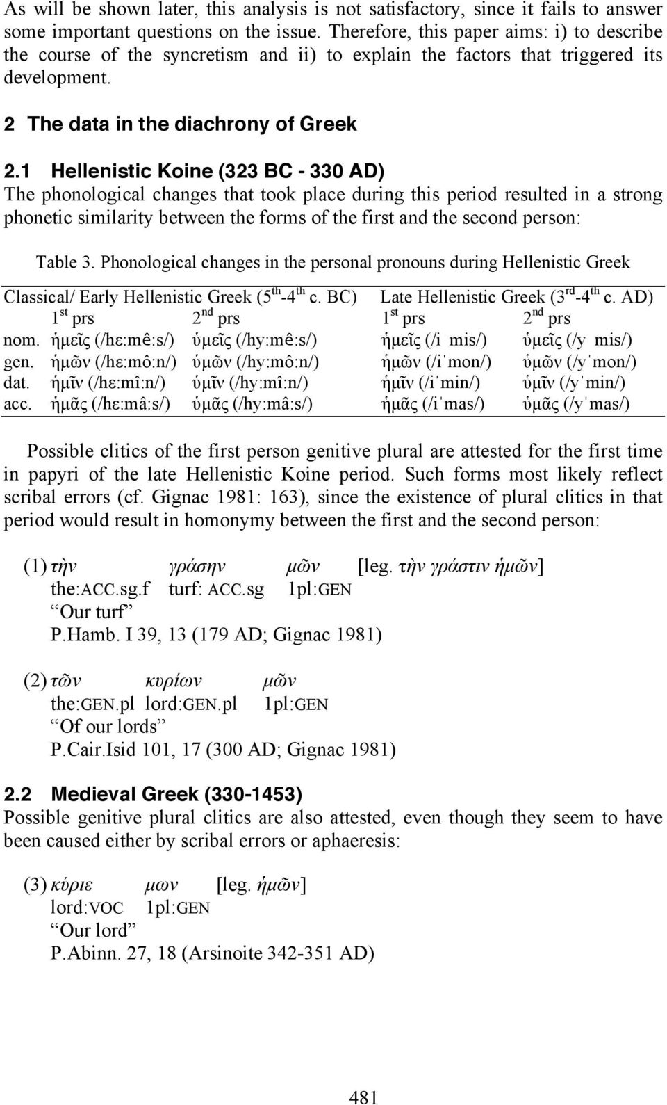 1 Hellenistic Koine (323 BC - 330 AD) The phonological changes that took place during this period resulted in a strong phonetic similarity between the forms of the first and the second person: Table