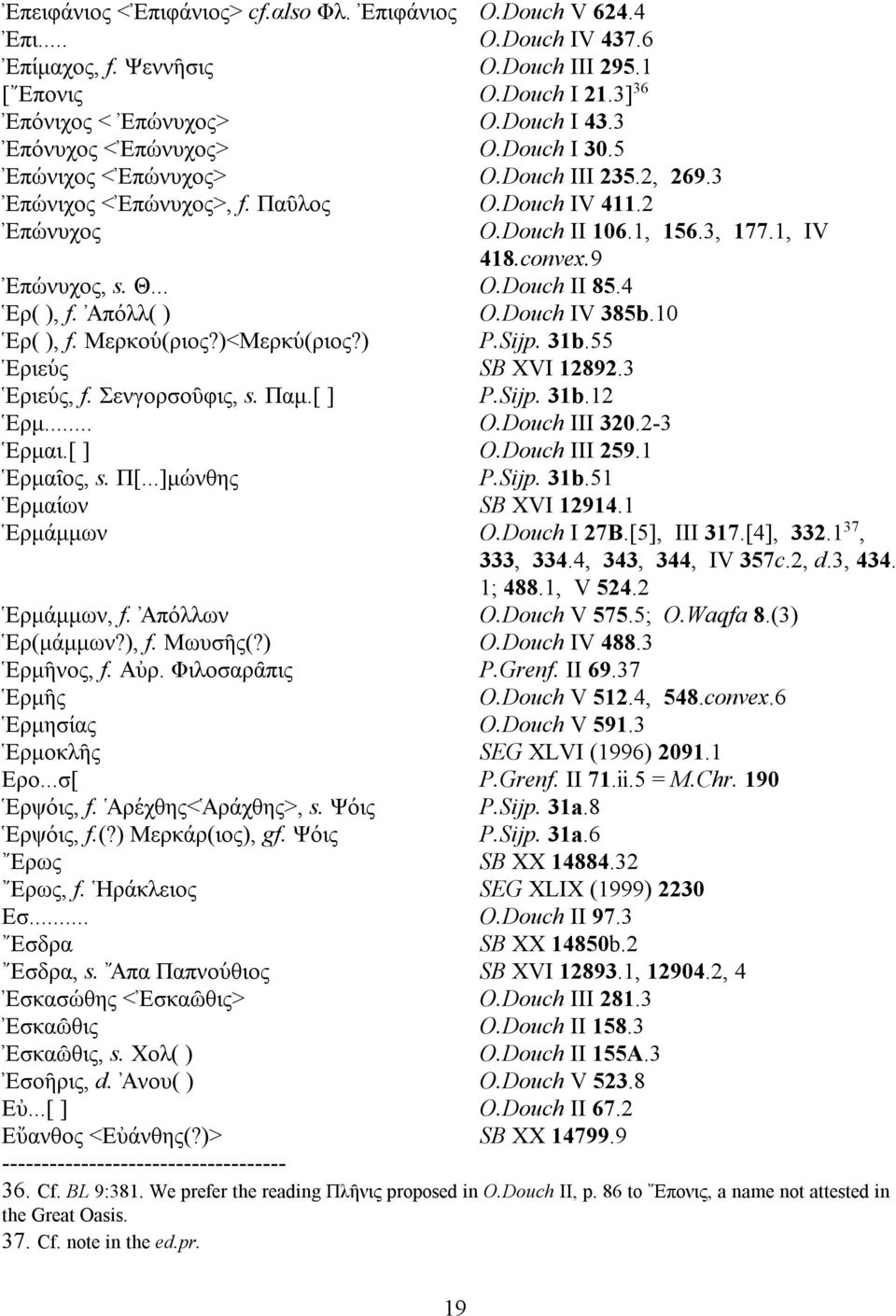 1, IV 418.convex.9 Επω' νυχος, s. Θ... O.Douch II 85.4 Ερ( ), f. Απο' λλ( ) O.Douch IV 385b.10 Ερ( ), f. Μερκου' (ριος?)<μερκυ' (ριος?) P.Sijp. 31b.55 Εριευ' ς SB XVI 12892.3 Εριευ' ς, f.