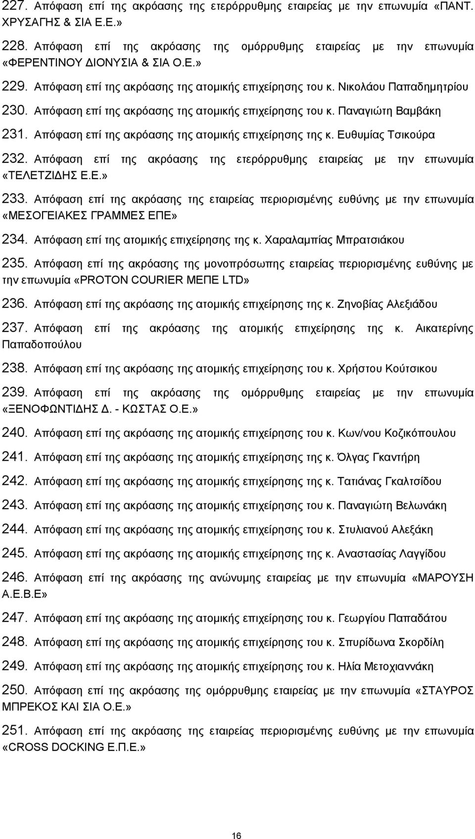 Απόφαση επί της ακρόασης της ατομικής επιχείρησης του κ. Παναγιώτη Βαμβάκη 231. Απόφαση επί της ακρόασης της ατομικής επιχείρησης της κ. Ευθυμίας Τσικούρα 232.