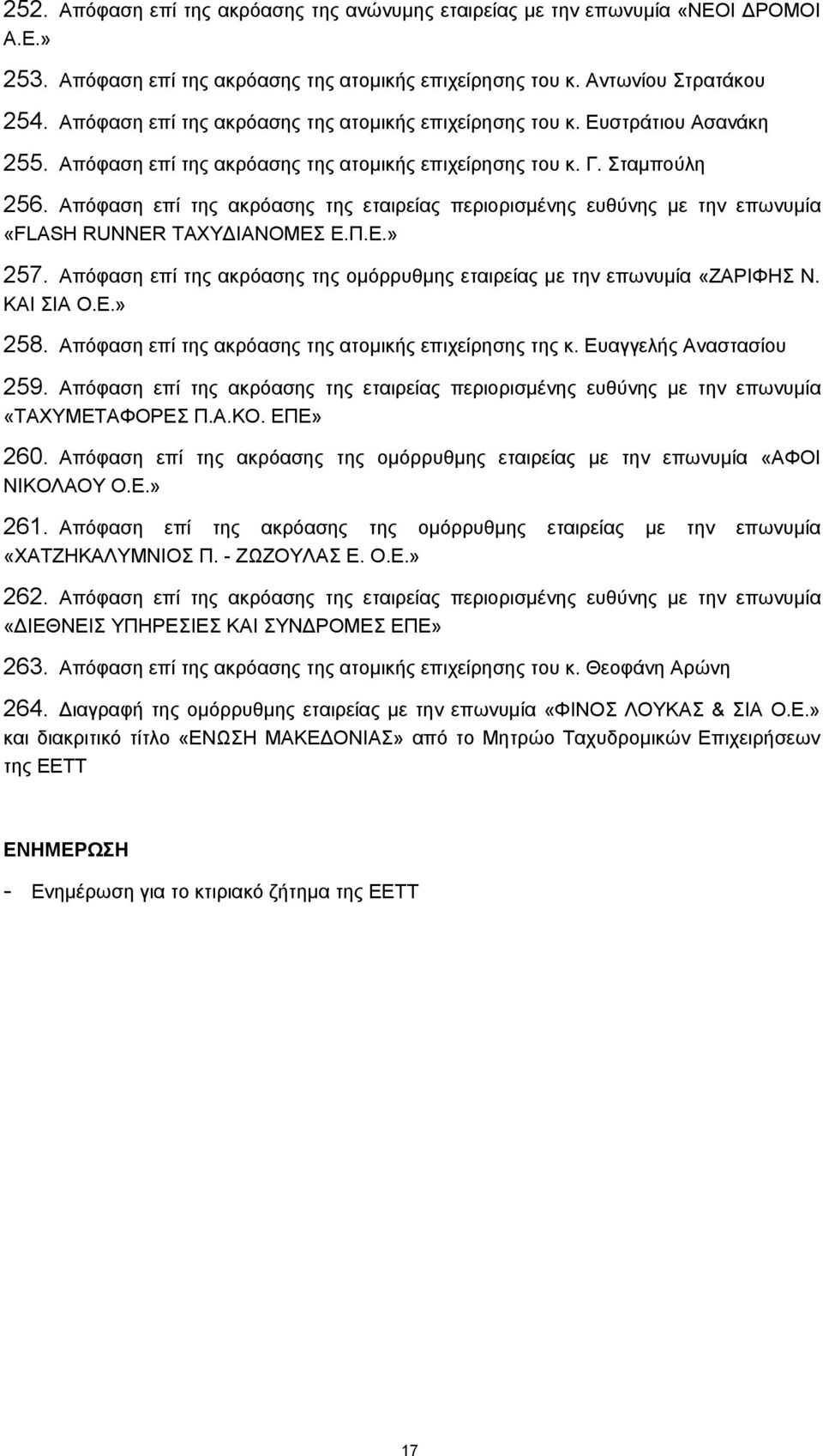 Απόφαση επί της ακρόασης της εταιρείας περιορισμένης ευθύνης με την επωνυμία «FLASH RUNNER ΤΑΧΥΔΙΑΝΟΜΕΣ Ε.Π.Ε.» 257. Απόφαση επί της ακρόασης της ομόρρυθμης εταιρείας με την επωνυμία «ΖΑΡΙΦΗΣ Ν.