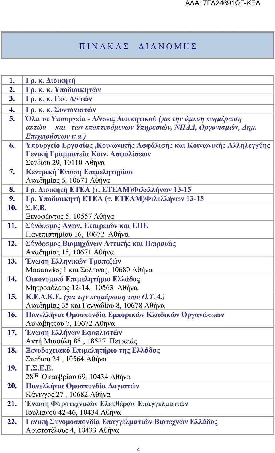 Υπουργείο Εργασίας,Κοινωνικής Ασφάλισης και Κοινωνικής Αλληλεγγύης Γενική Γραμματεία Κοιν. Ασφαλίσεων Σταδίου 29, 10110 Αθήνα 7. Κεντρική Ένωση Επιμελητηρίων Ακαδημίας 6, 10671 Αθήνα 8. Γρ. Διοικητή ΕΤΕΑ (τ.