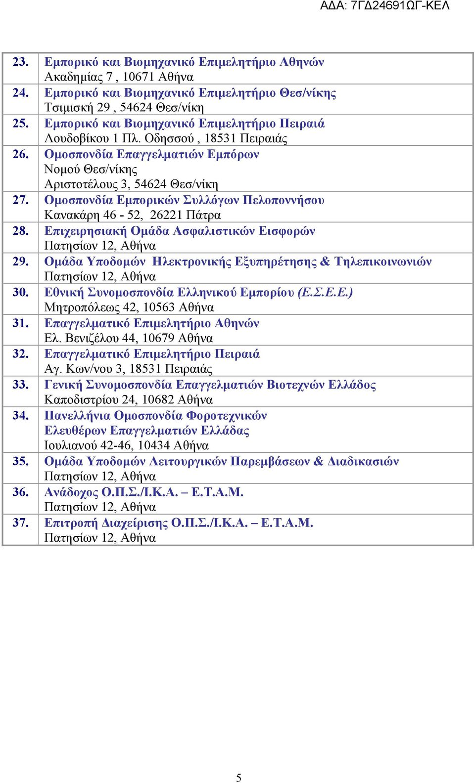 Ομοσπονδία Εμπορικών Συλλόγων Πελοποννήσου Κανακάρη 46-52, 26221 Πάτρα 28. Επιχειρησιακή Ομάδα Ασφαλιστικών Εισφορών Πατησίων 12, Αθήνα 29.