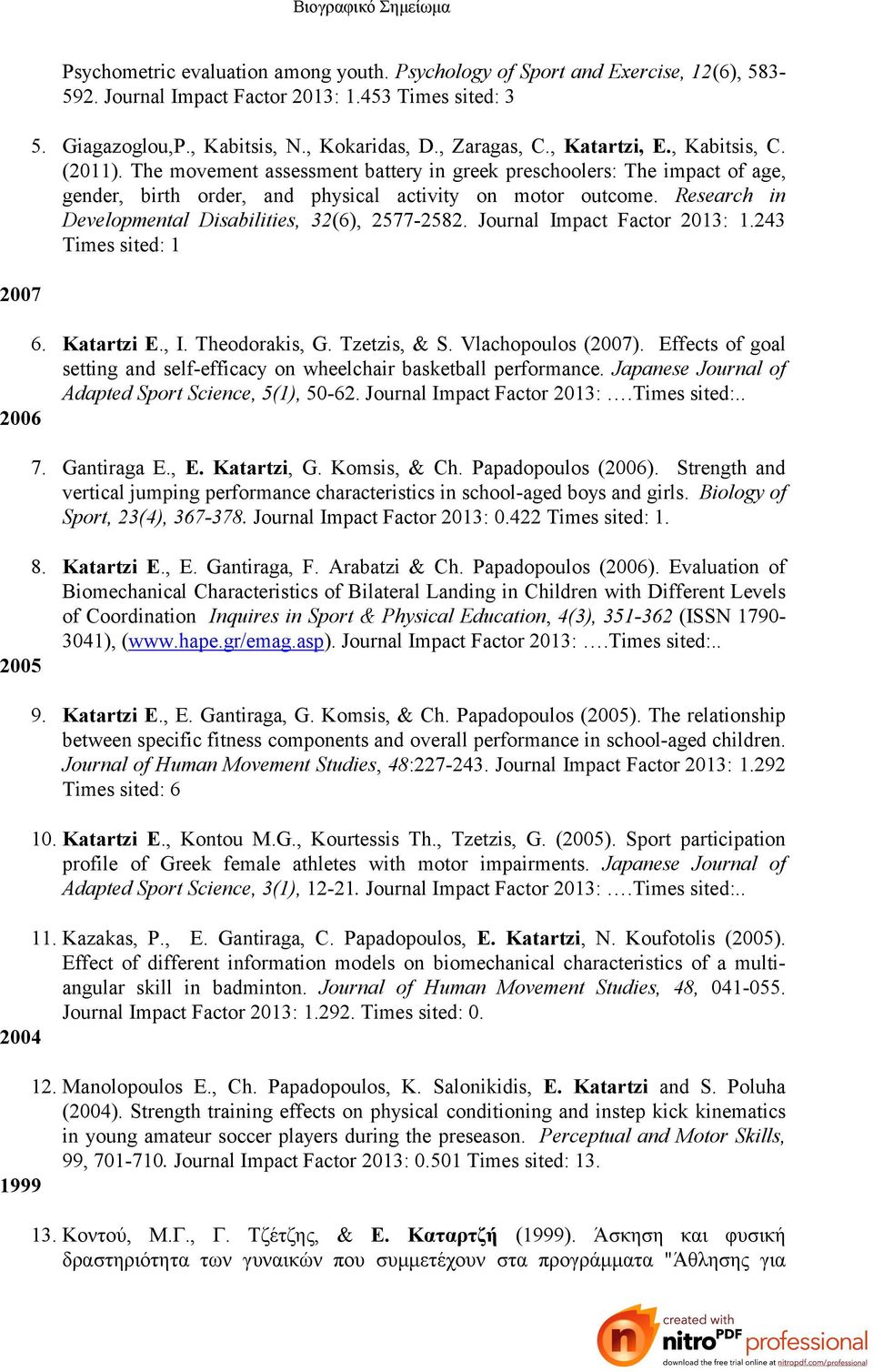 Research in Developmental Disabilities, 32(6), 2577-2582. Journal Impact Factor 2013: 1.243 Times sited: 1 6. Katartzi E., I. Theodorakis, G. Tzetzis, & S. Vlachopoulos (2007).