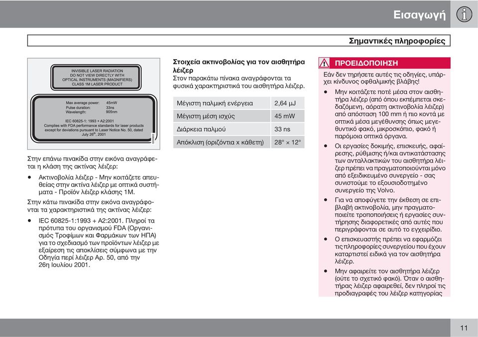 Πληροί τα πρότυπα του οργανισμού FDA (Οργανισμός Τροφίμων και Φαρμάκων των ΗΠΑ) για το σχεδιασμό των προϊόντων λέιζερ με εξαίρεση τις αποκλίσεις σύμφωνα με την Οδηγία περί λέιζερ Αρ.