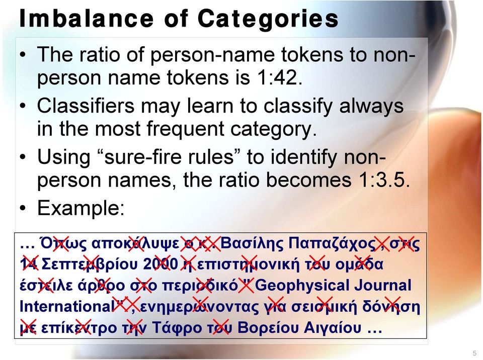 Using sure-fire rules to identify nonperson names, the ratio becomes 1:3.5. Example: Όπως αποκάλυψε ο κ.