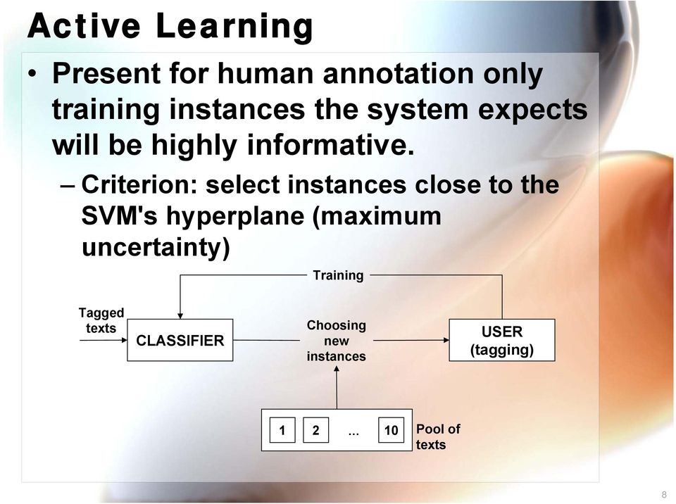 Criterion: select instances close to the SVM's hyperplane (maximum