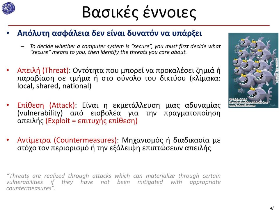 Απειλή (Threat): Οντότητα που μπορεί να προκαλέσει ζημιά ή παραβίαση σε τμήμα ή στο σύνολο του δικτύου (κλίμακα: local, shared, national) Επίθεση (Attack): Είναι η εκμετάλλευση μιας