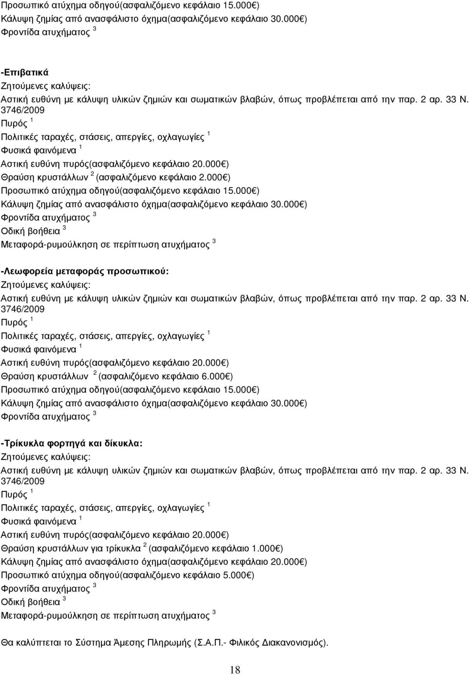 3746/2009 Πυρός 1 Πολιτικές ταραχές, στάσεις, απεργίες, οχλαγωγίες 1 Φυσικά φαινόµενα 1 Αστική ευθύνη πυρός(ασφαλιζόµενο κεφάλαιο 20.000 ) Θραύση κρυστάλλων 2 (ασφαλιζόµενο κεφάλαιο 2.