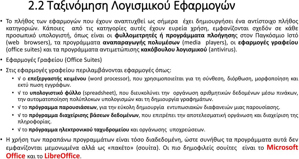 προγράμματα αναπαραγωγής πολυμέσων (media players), οι εφαρμογές γραφείου (office suites) και τα προγράμματα αντιμετώπισης κακόβουλου λογισμικού (antivirus).