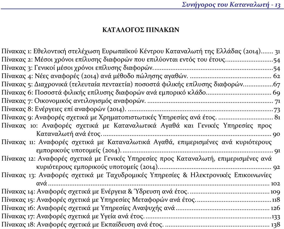 .. 62 Πίνακας 5: Διαχρονικά (τελευταία πενταετία) ποσοστά φιλικής επίλυσης διαφορών...67 Πίνακας 6: Ποσοστά φιλικής επίλυσης διαφορών ανά εμπορικό κλάδο.